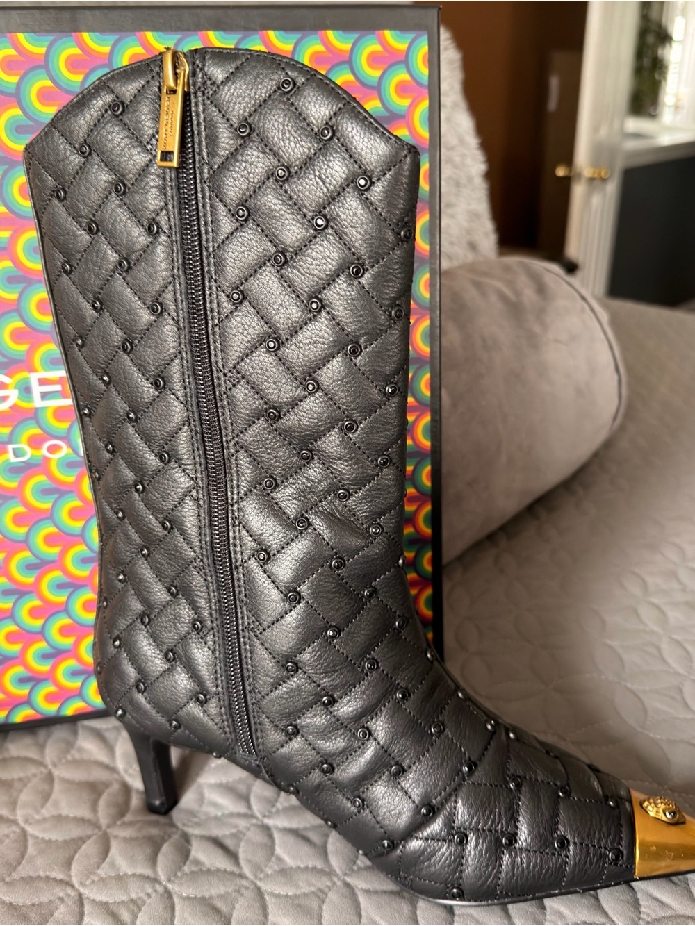 Kurt Geiger Full Leather Quilted Pointed Toe Booties with Gold Caps - Black - Picture 6 of 10